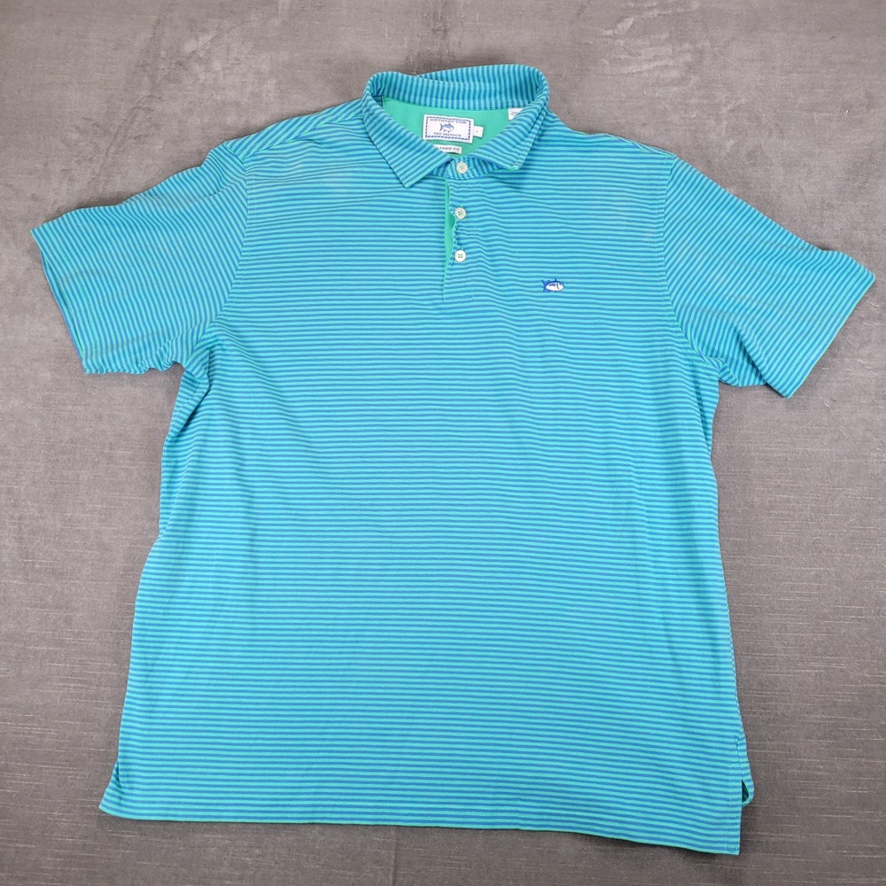 Southern Tide Mens Large The Skipjack Polo Shirt Classic Fit Teal Blue Striped‎
